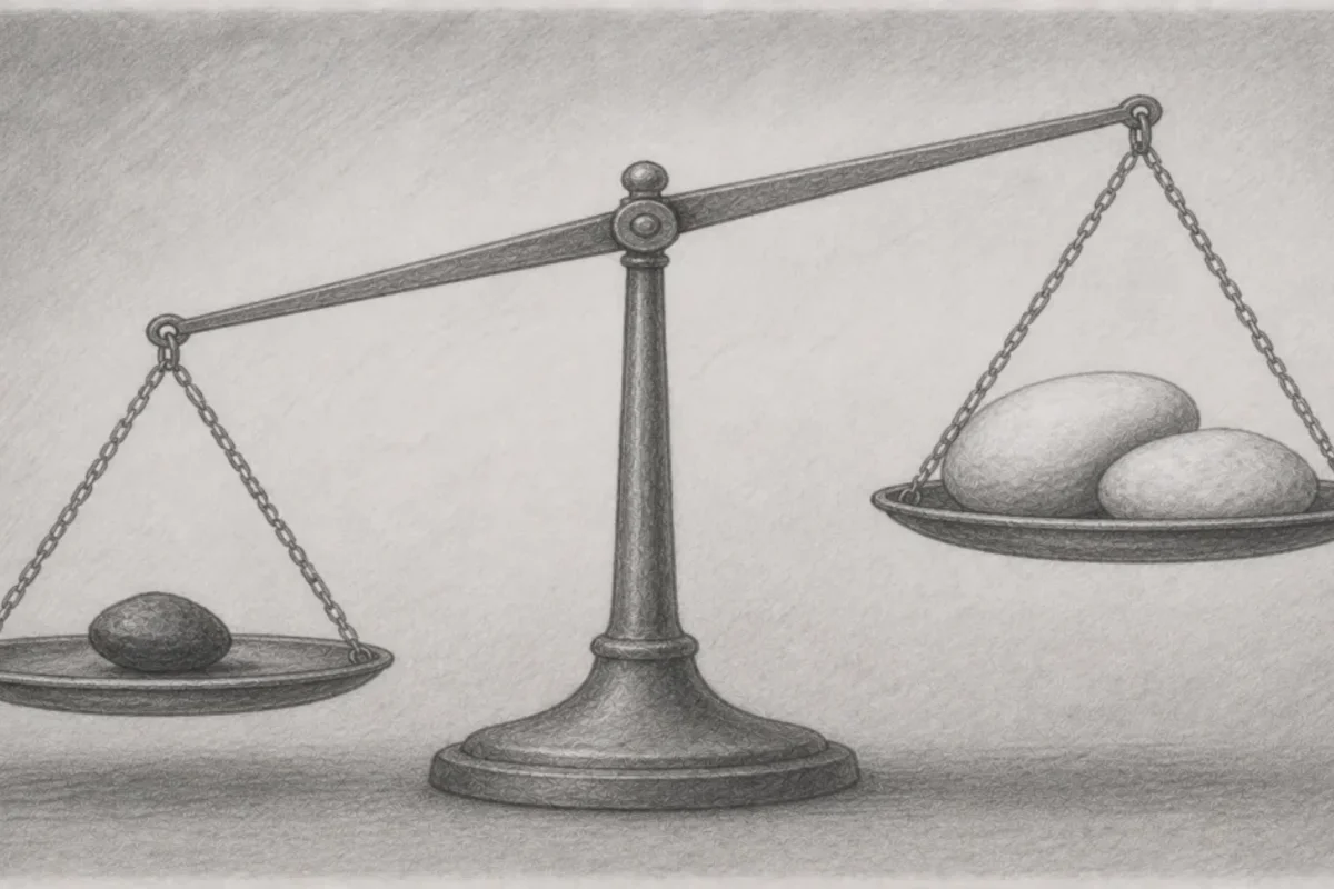 Bleistiftzeichnung: Eine Balkenwaage – auf der einen Seite ein einzelner Stein (Verlust), auf der anderen Seite zwei Steine (Gewinne), die sich gerade die Waage halten.