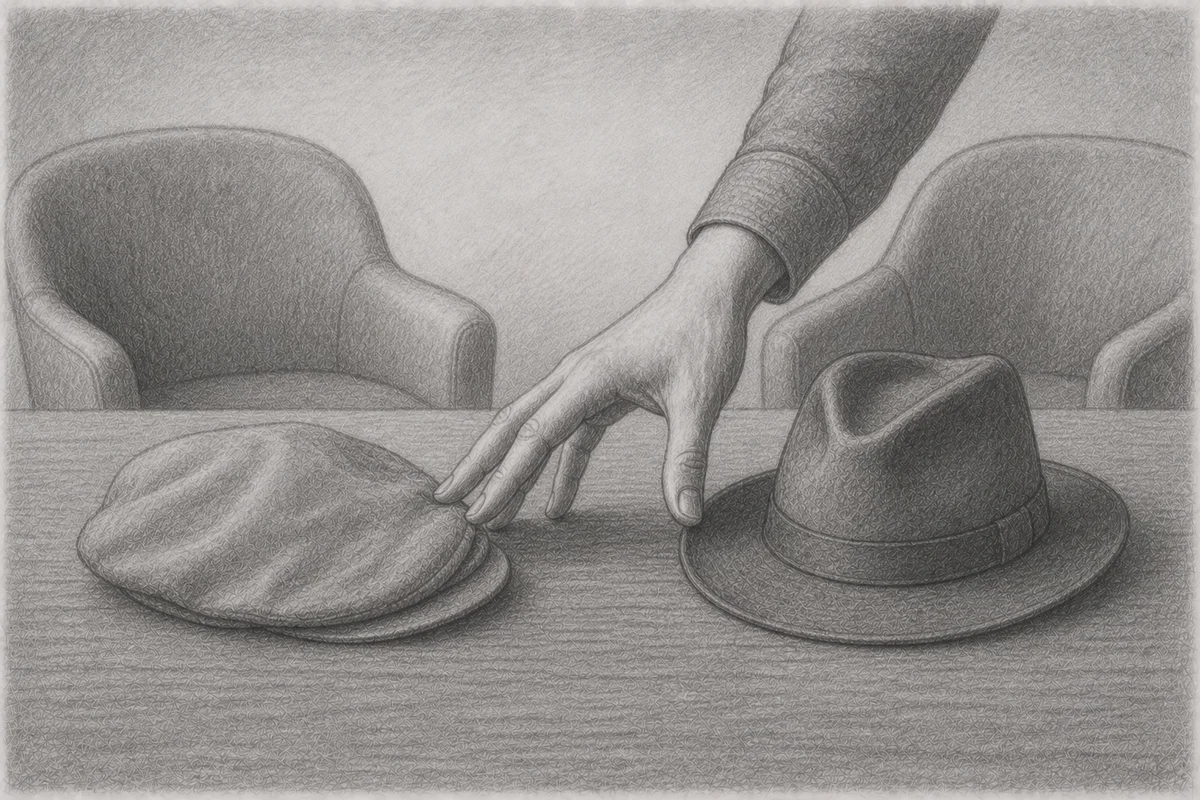 Bleistiftzeichnung: Eine Hand wechselt zwischen zwei Hüten auf einem Tisch – Schiebermütze und Fedora – als Sinnbild für den bewussten Rollenwechsel zwischen Coach und Sparring-Partner mit Führungserfahrung.