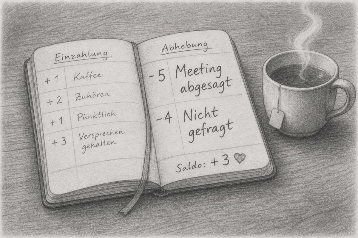 Bleistiftzeichnung: Ein aufgeschlagenes Notizbuch auf Holz, links die Spalte „Einzahlung" mit kleinen positiven Posten (Kaffee, Zuhören, Pünktlich, Versprechen gehalten), rechts die Spalte „Abhebung" mit größeren negativen Posten (Meeting abgesagt, Nicht gefragt) und einem Saldo von +3, daneben eine dampfende Tasse Tee.