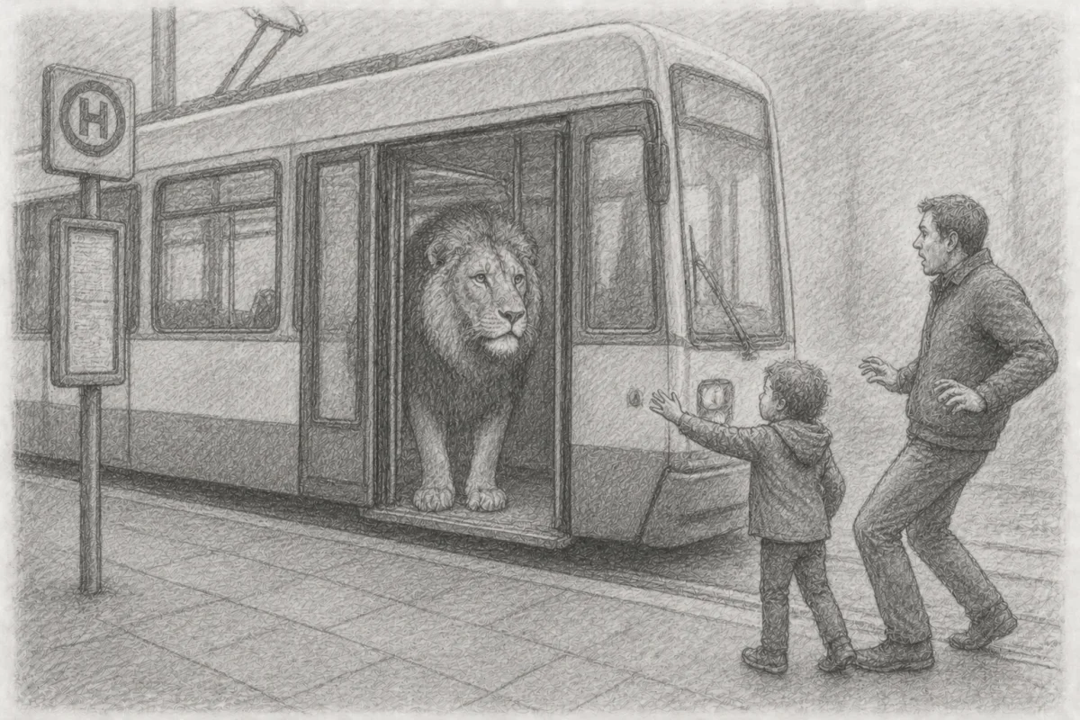 Bleistiftzeichnung: Ein Löwe in einer Straßenbahn mit zwei unterschiedlich reagierenden Personen nach dem 5G-Modell von Diekstra.