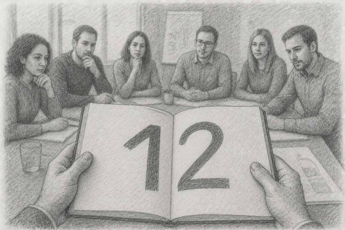 Bleistiftzeichnung: Eine Hand hält dem Team in einem Workshop ein aufgeschlagenes Buch entgegen, auf dem groß die Zahl 12 steht.