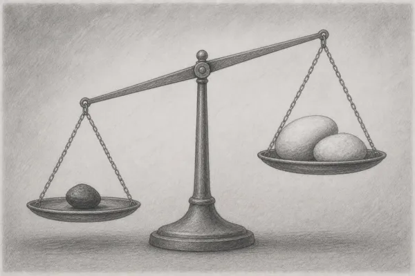 Bleistiftzeichnung: Eine Balkenwaage – auf der einen Seite ein einzelner Stein (Verlust), auf der anderen Seite zwei Steine (Gewinne), die sich gerade die Waage halten.