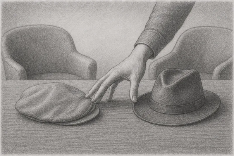 Bleistiftzeichnung: Eine Hand wechselt zwischen zwei Hüten auf einem Tisch – Schiebermütze und Fedora – als Sinnbild für den bewussten Rollenwechsel zwischen Coach und Sparring-Partner mit Führungserfahrung.