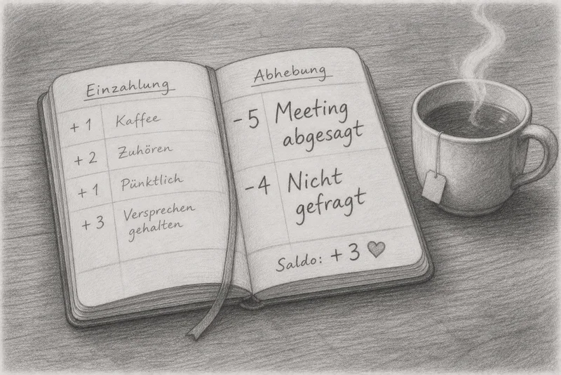 Bleistiftzeichnung: Ein aufgeschlagenes Notizbuch auf Holz, links die Spalte „Einzahlung" mit kleinen positiven Posten (Kaffee, Zuhören, Pünktlich, Versprechen gehalten), rechts die Spalte „Abhebung" mit größeren negativen Posten (Meeting abgesagt, Nicht gefragt) und einem Saldo von +3, daneben eine dampfende Tasse Tee.