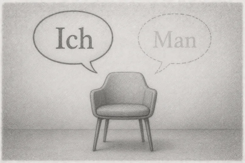 Bleistiftzeichnung: Ein leerer Sessel steht im Raum, darüber zwei Sprechblasen – links durchgezogen mit „Ich“, rechts gestrichelt und blass mit „Man“ – Sinnbild dafür, wie der Wechsel von „Ich“ zu „Man“ die eigene Wirksamkeit verblassen lässt.