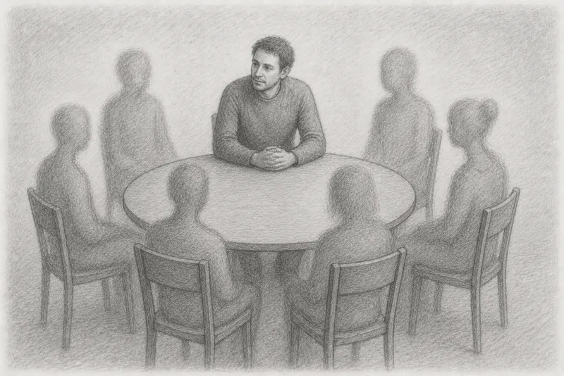 Bleistiftzeichnung: Eine Person sitzt klar und präsent an einem runden Tisch, um den herum mehrere durchscheinende Gestalten Platz genommen haben – Sinnbild für die inneren Anteile im Internal Family Systems.