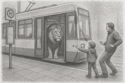 Bleistiftzeichnung: Ein Löwe in einer Straßenbahn mit zwei unterschiedlich reagierenden Personen nach dem 5G-Modell von Diekstra.