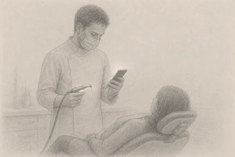 Bleistiftzeichnung: ein Zahnarzt hält den laufenden Bohrer bereit und blickt dabei auf sein Smartphone, während der Patient wartet.