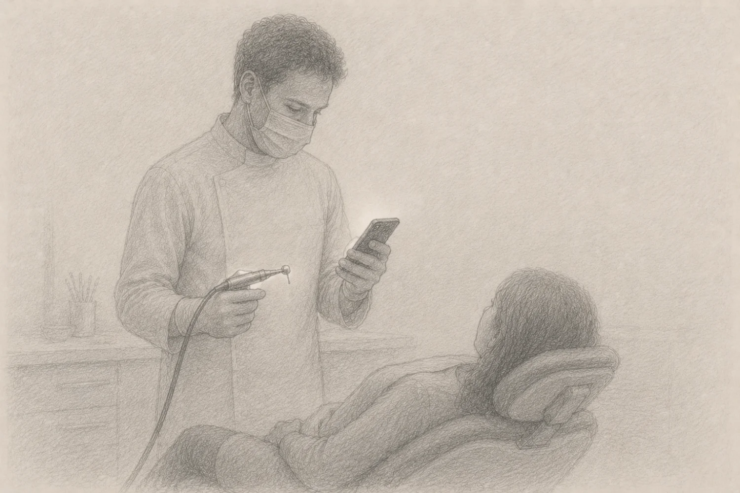 Bleistiftzeichnung: ein Zahnarzt hält den laufenden Bohrer bereit und blickt dabei auf sein Smartphone, während der Patient wartet.